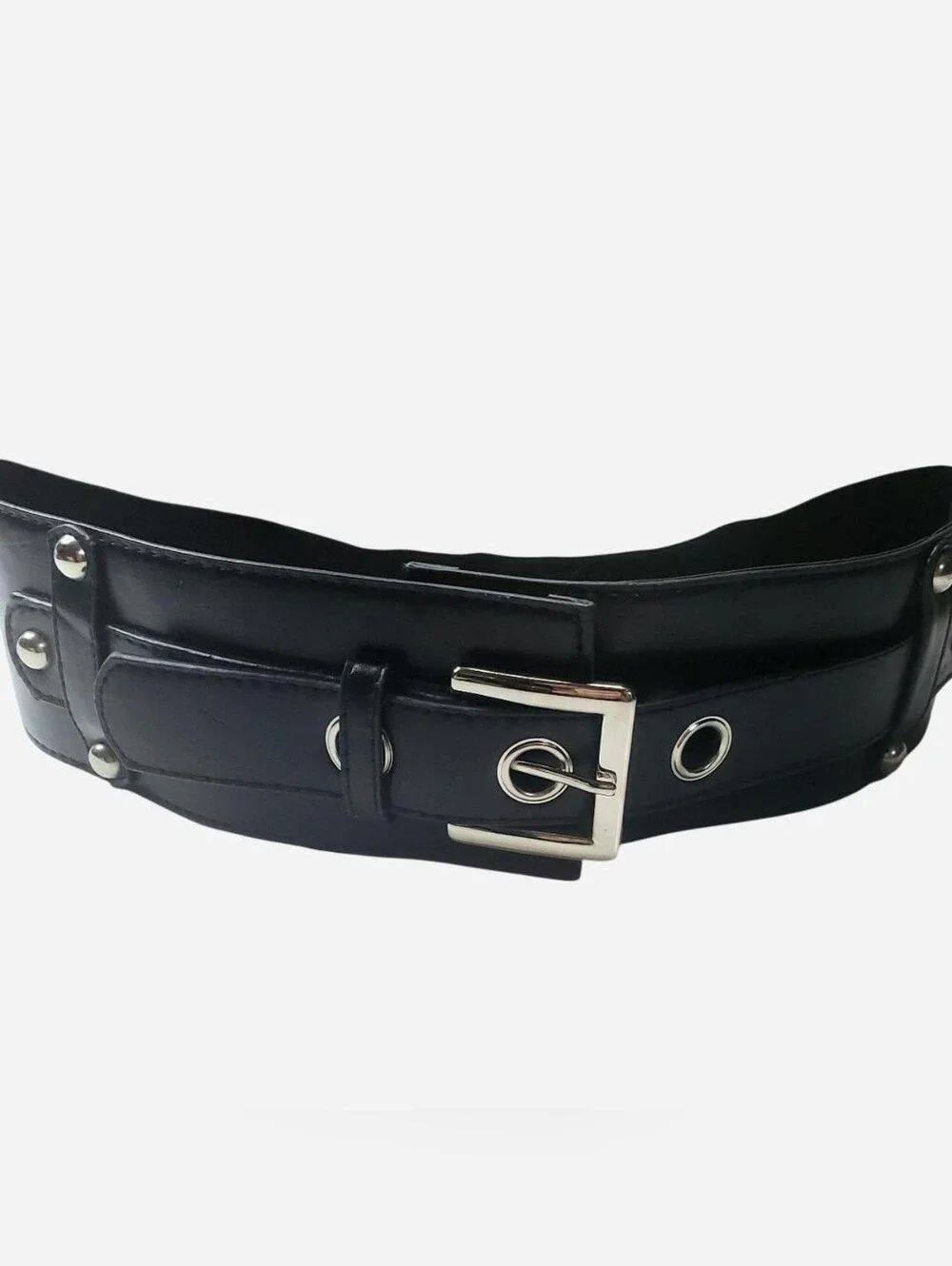 Unbranded Faux Leather Belt Womens One Size Black Silver Metal Details Punk Goth